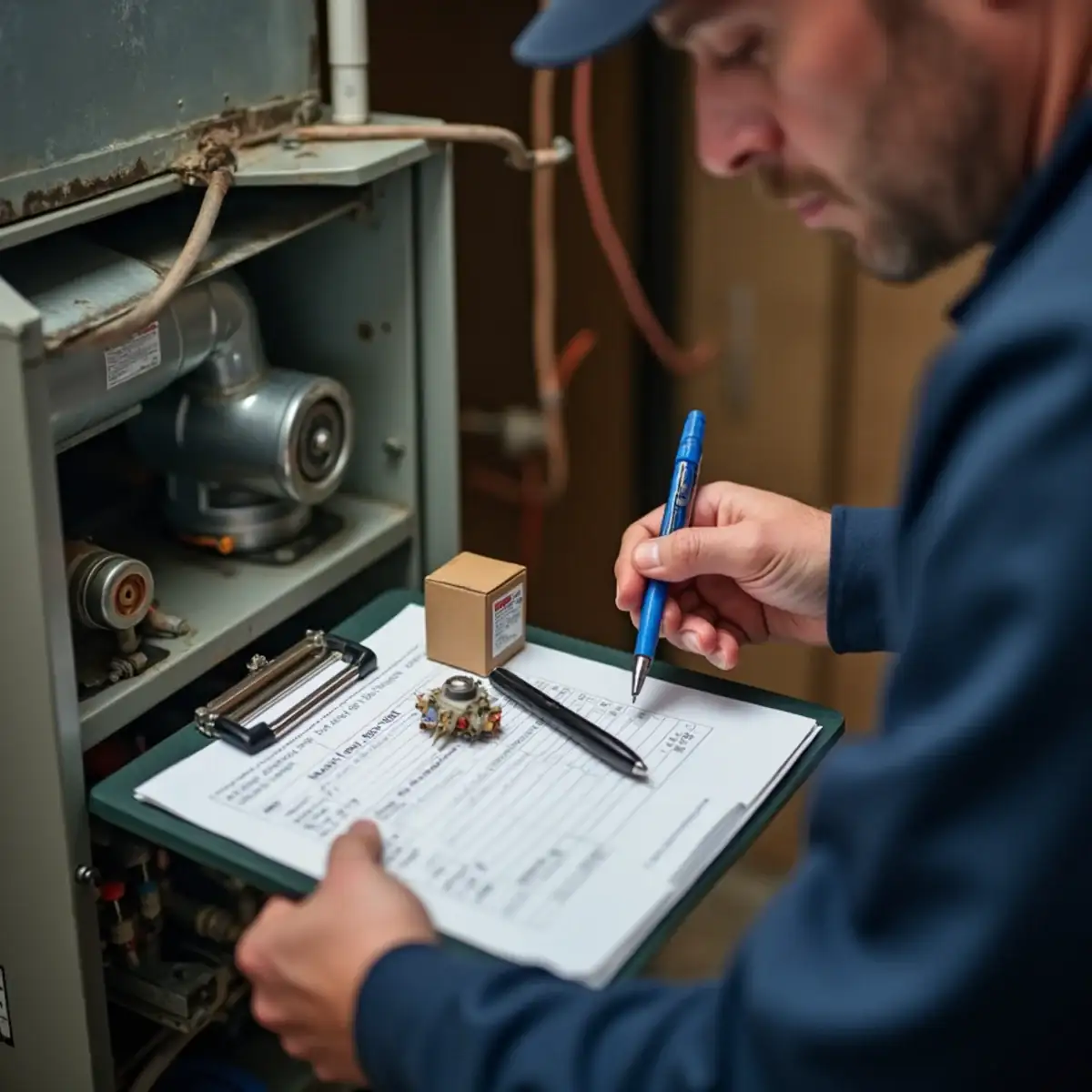 Failed furnace part next to its replacement and a written estimate on top of a Pittsburgh furnace
