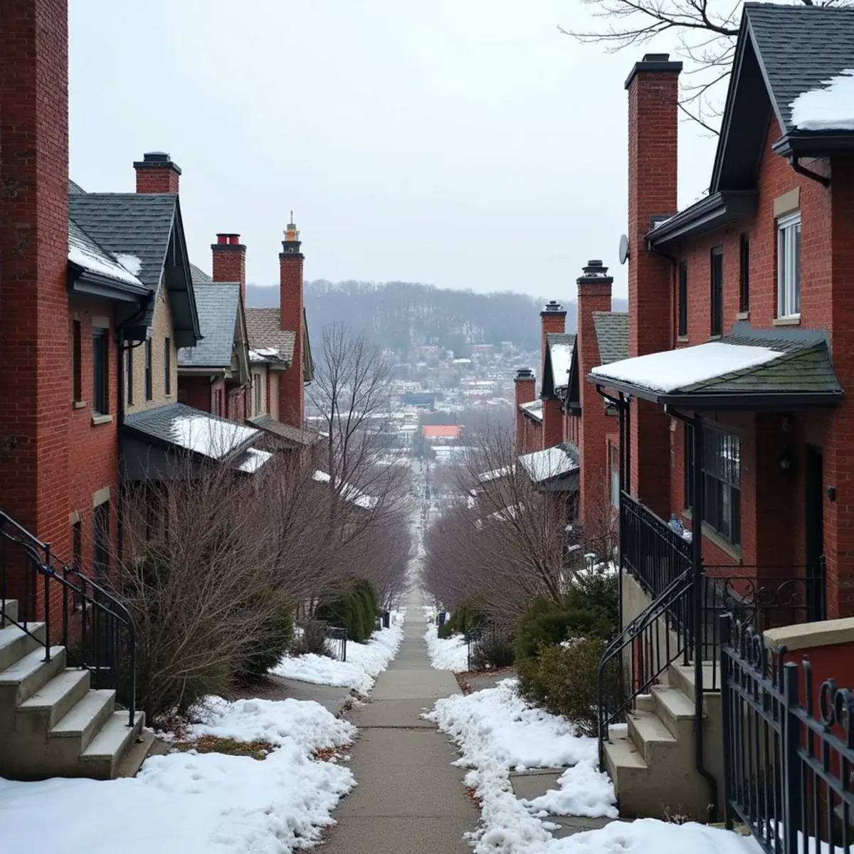 Older brick houses with masonry chimneys on a Pittsburgh hillside street in winter